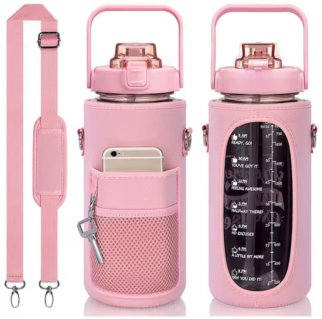Gourde Fitness Motivante 2L avec Paille, Bandoulière et Poche Téléphone