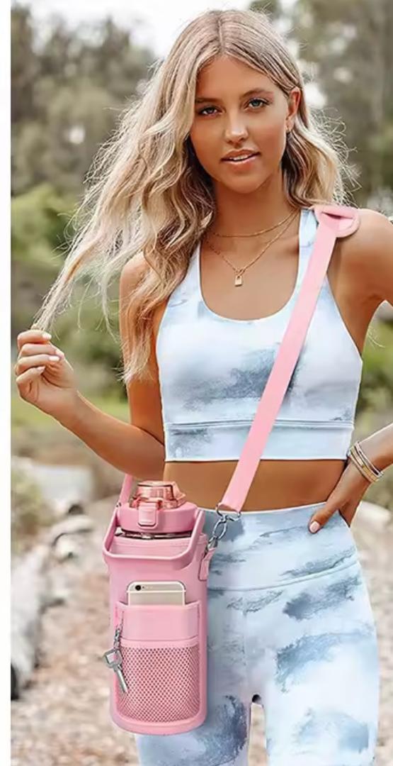 Gourde Fitness Motivante 2L avec Paille, Bandoulière et Poche Téléphone
