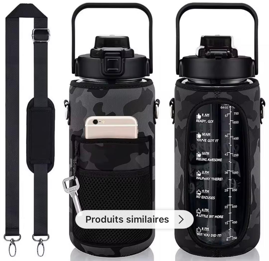 Gourde Fitness Motivante 2L avec Paille, Bandoulière et Poche Téléphone